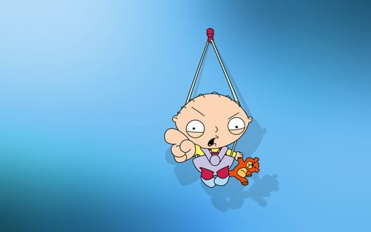 Обои на рабочий стол Стьюи Гриффин из мультсериала 'Гриффины / Family Guy' в скверном настроении злобно тыкает пальцем