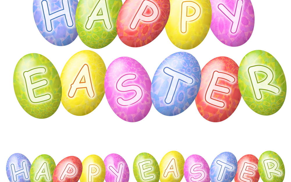 Обои для рабочего стола Надпись Happy Easter / Счастливой Пасхи на разноцветных яйцах