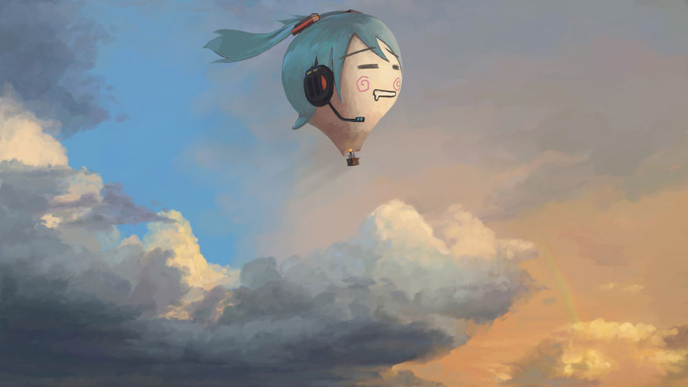 Обои для рабочего стола Воздушный шар в виде головы вокалоида Хатсунэ Мику летит по вечернему небу