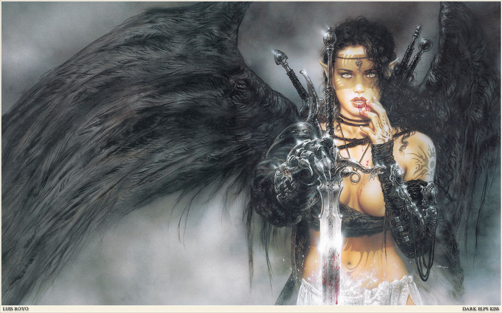 Обои для рабочего стола Luis Royo - Dark Elfs Kiss / Поцелуй темного эльфа