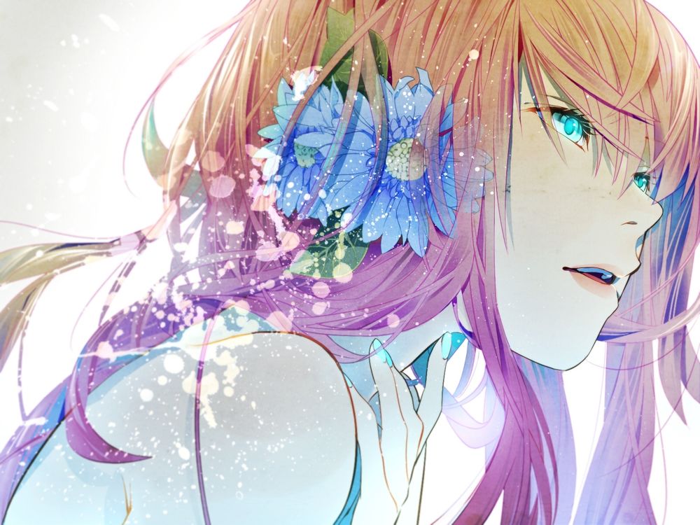 Обои для рабочего стола Vocaloid Megurine Luka / Вокалоид Мегуринэ Лука с цветами в волосах