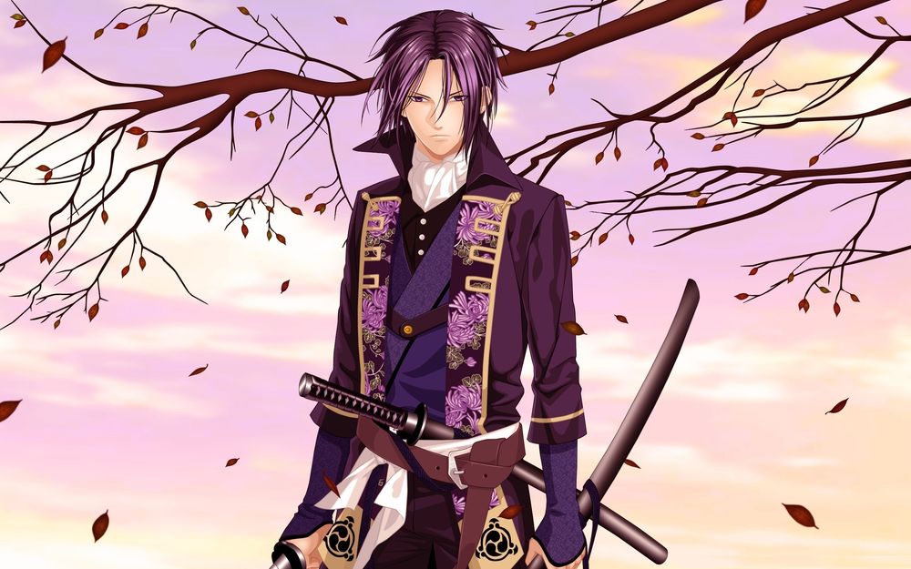 Обои для рабочего стола Hijikata Toshizou / Хиджиката Тошиджо из аниме Сказание о демонах сакуры / Hakuouki: Shinsengumi Kitan на фоне красивого вечернего неба и веток дерева с опадающими осенними листьями
