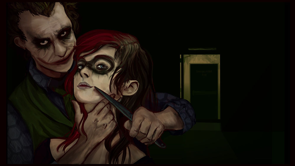 Обои для рабочего стола Джокер / Joker приставил нож к горлу Харли Квинн / Harley Quinn