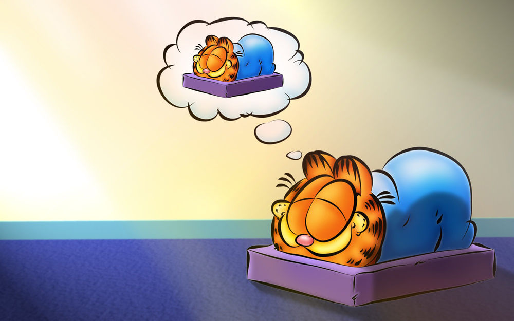 Обои для рабочего стола Garfield / Гарфилд спит на кроватке под голубым одеялом по среди комнаты
