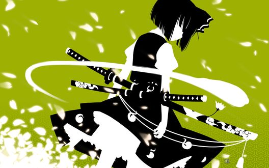 Обои на рабочий стол Konpaku Youmu с двумя катанами стоит спиной, рядом дух Myon из игры Touhou Project / Проект Восток