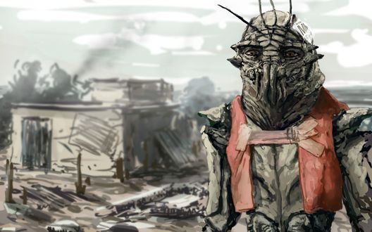 Обои на рабочий стол Рисунок к триллеру-боевику Район №9 / District 9, инопланетянин на фоне ветхого жилища