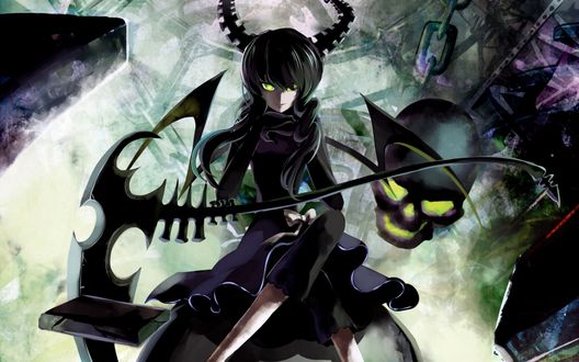 Обои на рабочий стол Dead Master / Мастер Смерти - темное отражение Takanashi Yomi / Йоми Таканаши из аниме Black Rock Shooter / Стрелок с Черной скалы, с косой и парящим позади черепом со светящимися зелеными глазницами, сидит закинув ногу на ногу