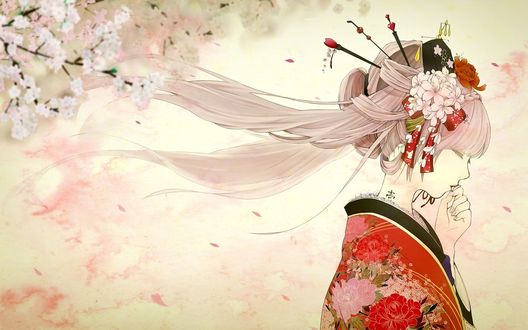 Обои на рабочий стол Vocaloid Megurine Luka / Вокалоид Мегуринэ Лука в кимоно, с цветами в прическе, приложила к губам лепесток сакуры