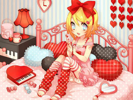 Обои на рабочий стол Вокалоид Кагамине Рин / Vocaloid Kagamine Rin сидит на кровати с телефоном в руках
