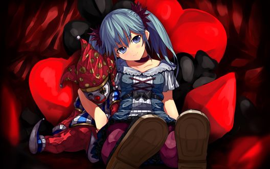 Обои на рабочий стол Вокалоид Хатсуне Мику / Vocaloid Hatsune Miku сидит в кресле с игрушкой