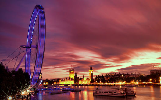 Обои на рабочий стол Великобритания, Англия, Лондон / Great Britain, England, London, колесо Обозрения /  London Eye, вечер, река Темза / Thames river