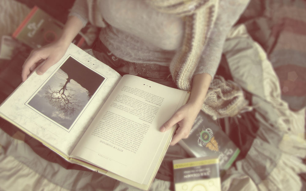 Обои для рабочего стола Девушка читает книги