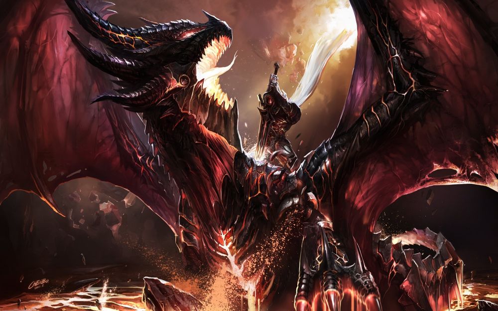 Обои для рабочего стола Воин убивает дракона Смертокрыла / Deathwing the Destroyer из игры World of Warcraft / Варкрафт / Мир Военного Ремесла
