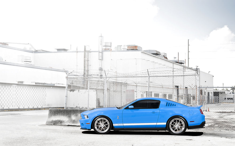 Обои для рабочего стола Синий Ford Mustang / Форд Мустанг около завода