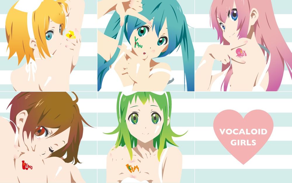 Обои для рабочего стола Vocaloid Girls / Девушки-вокалоиды (Rin / Рин, Miku / Мику, Luka / Лука, Meiko / Мейко и Гуми / Gumi) в стиле K-ON! Character Design