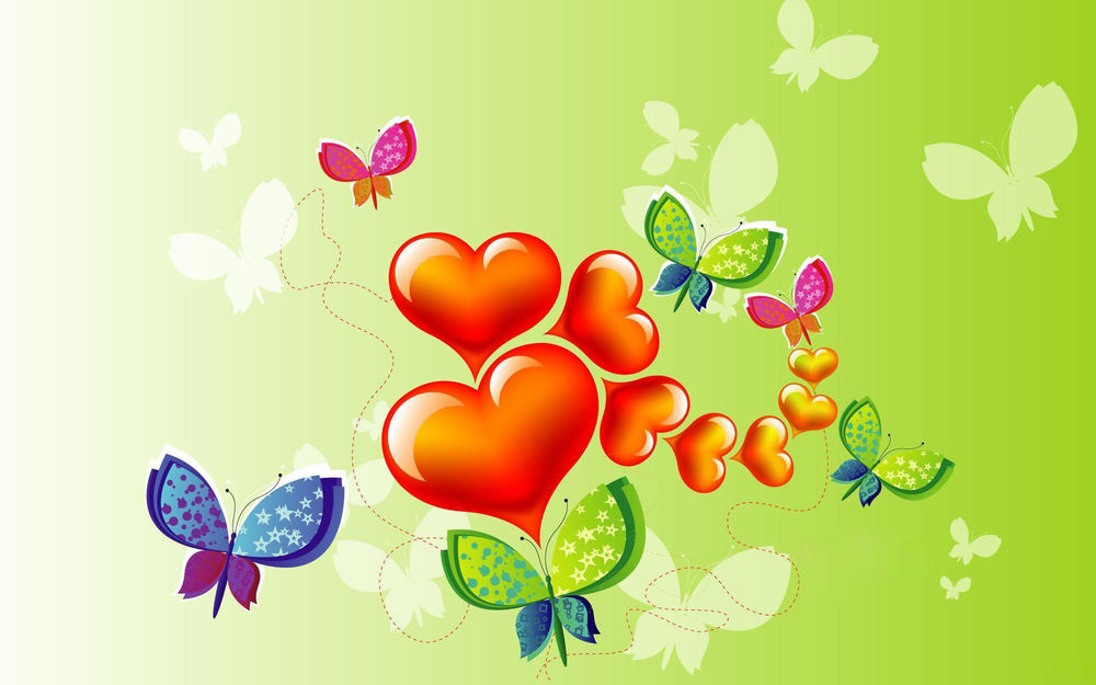 Обои для рабочего стола Цветные бабочки летают вокруг сердечек