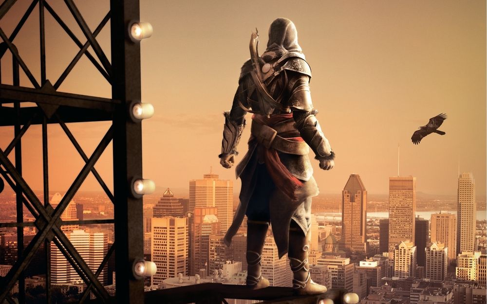 Обои для рабочего стола Компьютерная игра Assassins creed revelations, главный герой стоит на крыше и смотрит на город