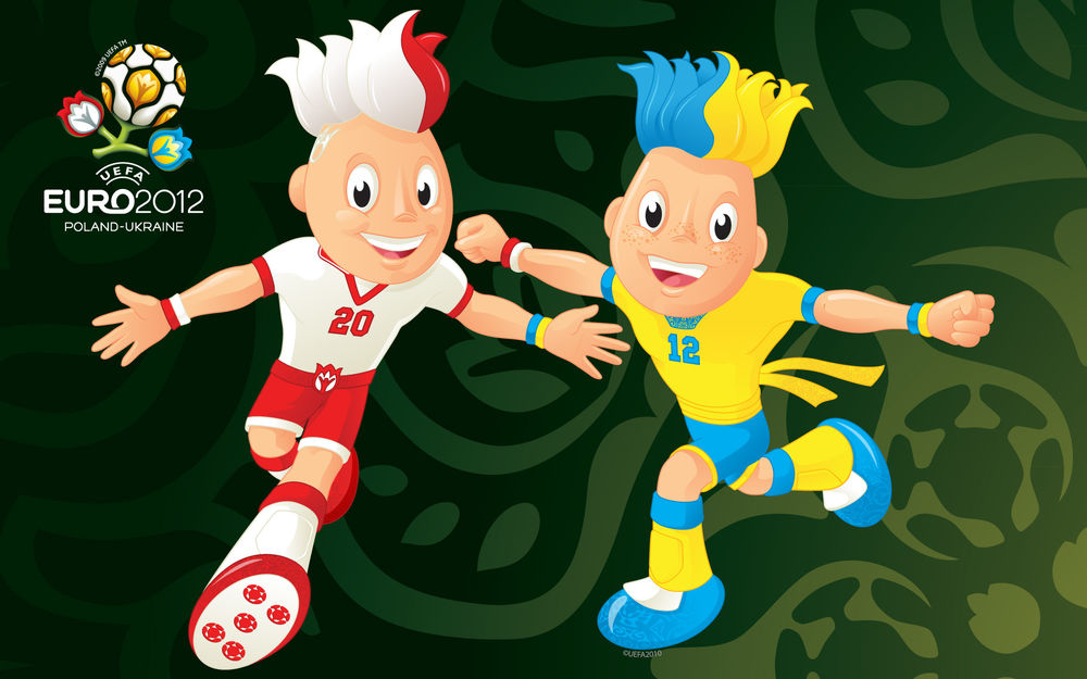 Обои для рабочего стола Кубок Уефа Евро 2012 / UEFA Euro 2012, два футболиста, украинский и польский (Poland-Ukraine)