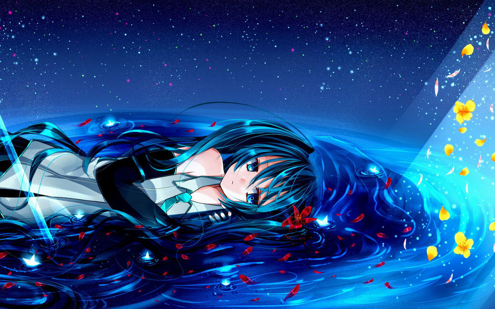 Обои для рабочего стола Вокалоид Hatsune Miku / Хацунэ Мику плавает в воде среди красных цветов