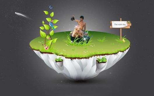 Обои на рабочий стол Мужчина купает любимую в корыте на островке счастья. Рядом летают бабочки, на дереве сидят и щебечут птицы, в небе комета и стоит колышек с дощечкой (The work day)