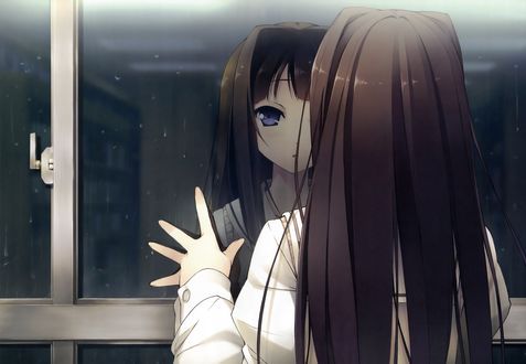Обои на рабочий стол Ayase Sayuki / Саюки Аясе из визуальной новеллы Твой Дневник / Your Diary смотрит на свое отражение в окне