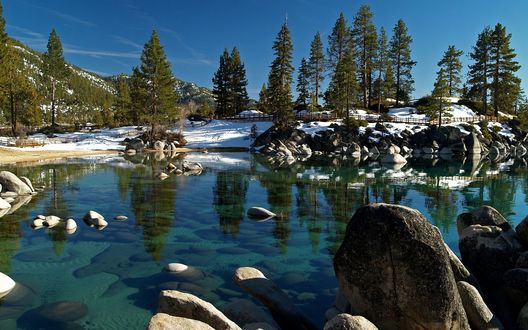 Обои на рабочий стол Прозрачные воды горного озера, вокруг стоят сосны