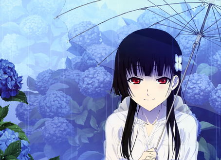 Обои на рабочий стол Улыбающаяся Sanka Rea / Санка Рэа из аниме Санкарея / Sankarea с зонтом под дождем среди гортензий