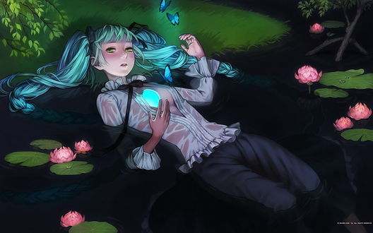 Обои на рабочий стол Vocaloid Hatsune Miku / Хатсунэ Мику лежит в болоте со светящимся сердцем в груди