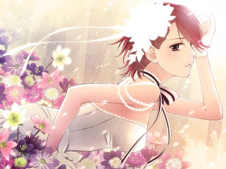 Обои на рабочий стол Вокалоид Сакине Мейко / Vocaloid Sakine Meiko в окружении цветов