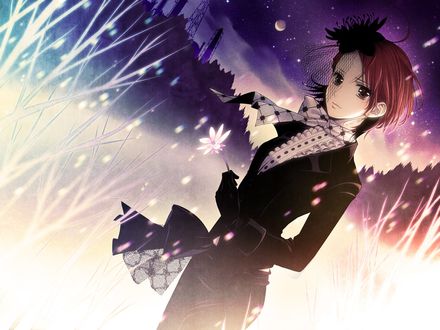 Обои на рабочий стол Вокалоид Сакине Мейко / Vocaloid Sakine Meiko в черной одежде с цветком в руке