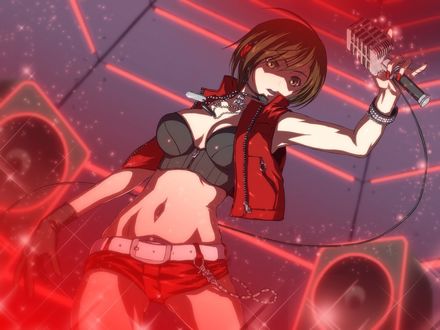 Обои на рабочий стол Вокалоид Сакине Мейко / Vocaloid Sakine Meiko с микрофоном в руке