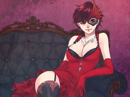 Обои на рабочий стол Вокалоид Сакине Мейко / Vocaloid Sakine Meiko в маске сидит на диване