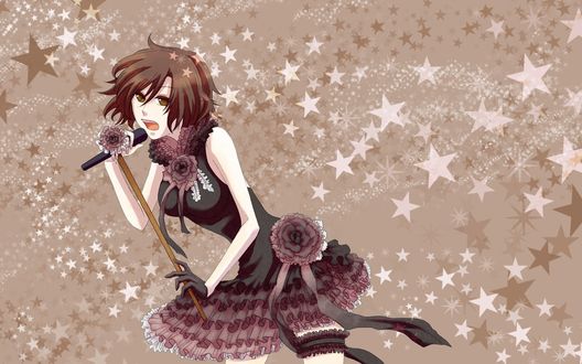 Обои на рабочий стол Вокалоид Сакине Мейко / Vocaloid Sakine Meiko с микрофоном на фоне звездочек