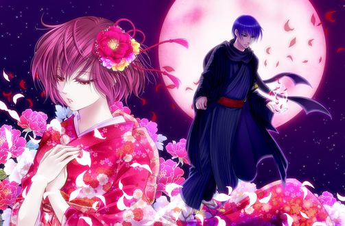 Обои на рабочий стол Вокалоиды Сакине Мейко / Vocaloid Sakine Meiko и Шион Кайто / Shion Kaito на фоне цветов и луны