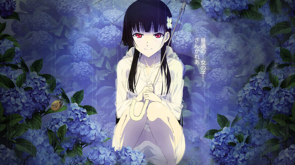 Обои на рабочий стол Sanka Rea / Санка Рэа из аниме Санкарея / Sankarea с зонтом под дождём сидит на корточках среди гортензий
