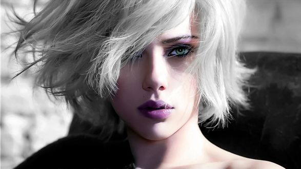Обои на рабочий стол Скарлетт Йоханссон / Scarlett Johansson с пепельными волосами и лиловыми губами