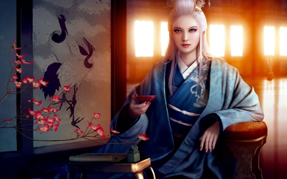 Обои для рабочего стола Красивая девушка в кимоно пьет чай в комнате