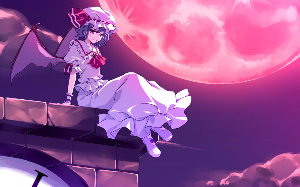 Обои для рабочего стола Remilia Scarlet / Ремилия Скарлет из аниме-игры Touhou Project сидит на крыше башни ночью под красной луной