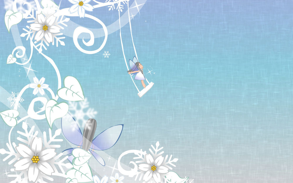 Обои для рабочего стола Маленькая рисованная девочка-эльф с прозрачными крылышками на спине качается на качелях среди цветов, снежинок, бликов