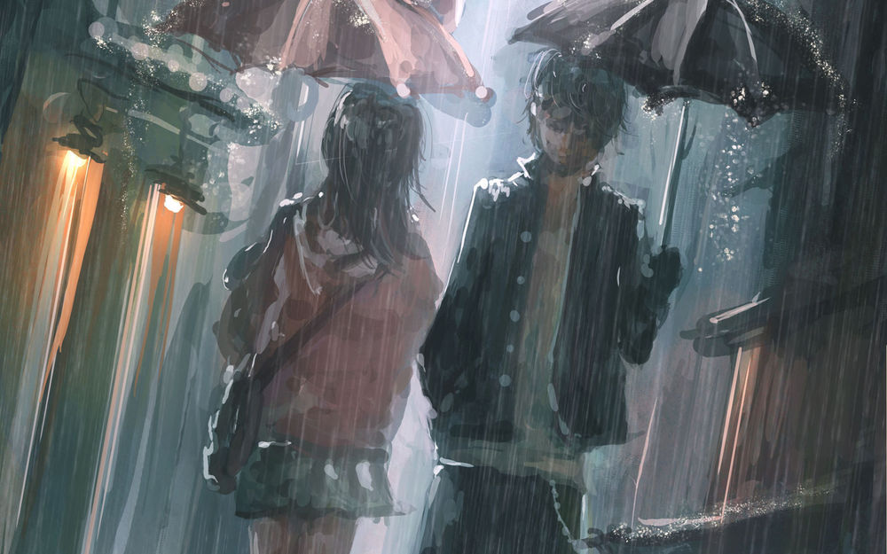 Обои для рабочего стола Парень и девушка с зонтами в руках проходят друг мимо друга под дождем