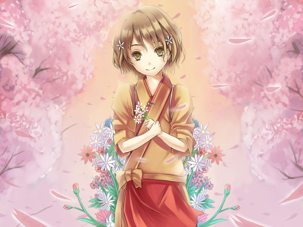 Обои для рабочего стола Matsumae Ohana / Охана Мацумае из аниме Азбука Цветов / Hana-Saku Iroha среди цветов и цветущих деревьев сакуры