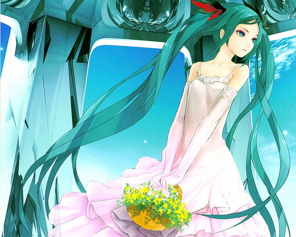 Обои для рабочего стола Vocaloid Hatsune Miku / Хатсунэ Мику держит корзинку с цветами