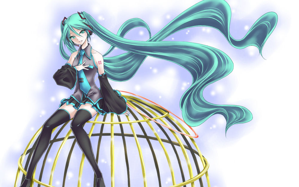 Обои для рабочего стола Vocaloid Hatsune Miku / Вокалоид Хатсунэ Мику сидит на клетке