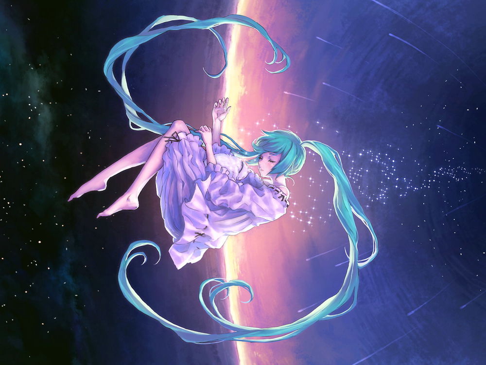 Обои для рабочего стола Vocaloid Hatsune Miku / Вокалоид Хатсунэ Мику летит в ночном небе