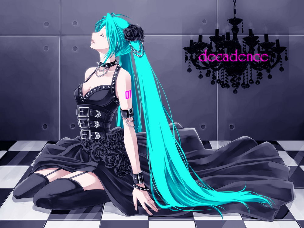 Обои для рабочего стола Vocaloid Hatsune Miku / Вокалоид Хатсунэ Мику в черном платье на полу (Decadence)