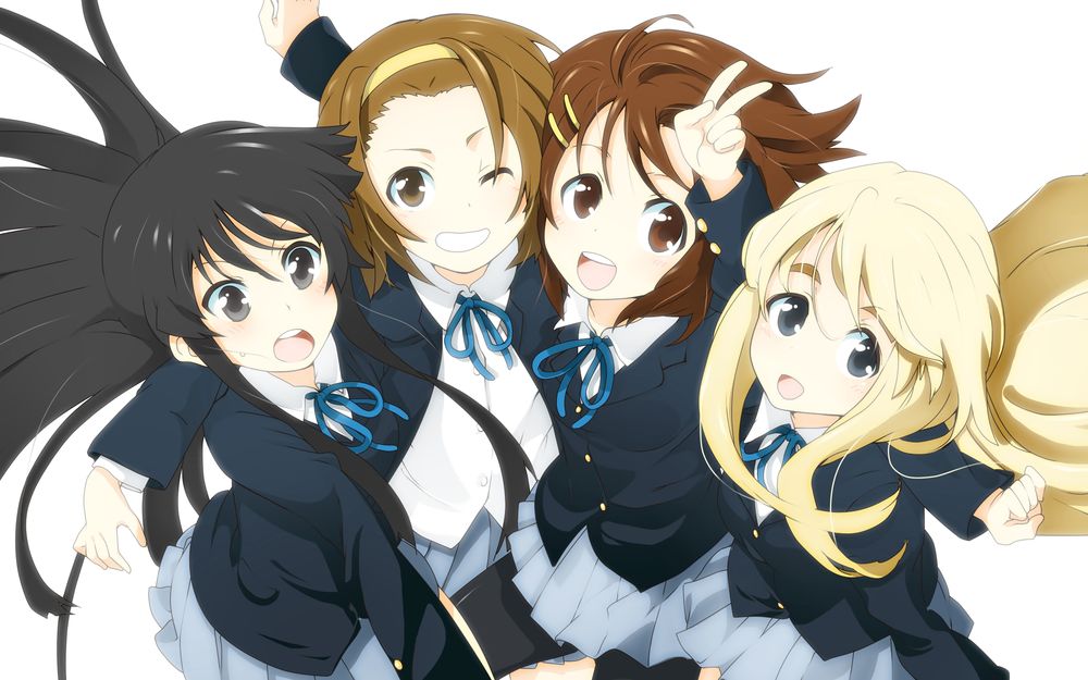 Обои для рабочего стола Mio Akiyama / Акияма Мио, Ritsu Tainaka / Тайнака Рицу, Yui Hirasawa / Хирасава Юи и Котобуки Цумуги / Tsumugi Kotobuki - главные героини аниме Лёгкая музыка / Кей-он / K-On!