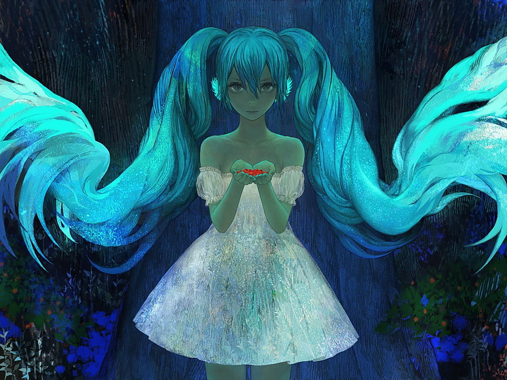 Обои для рабочего стола Vocaloid Hatsune MIku / Вокалоид Хатсунэ Мику держит ягоды