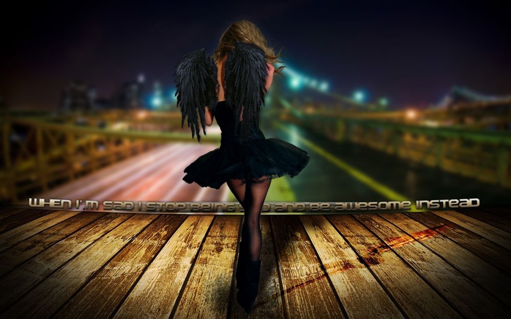 Обои для рабочего стола Грустная девушка с чёрными крыльями за спиной ночью стоит на мосту (when i`m sad i stop being sad and be awesome instead)