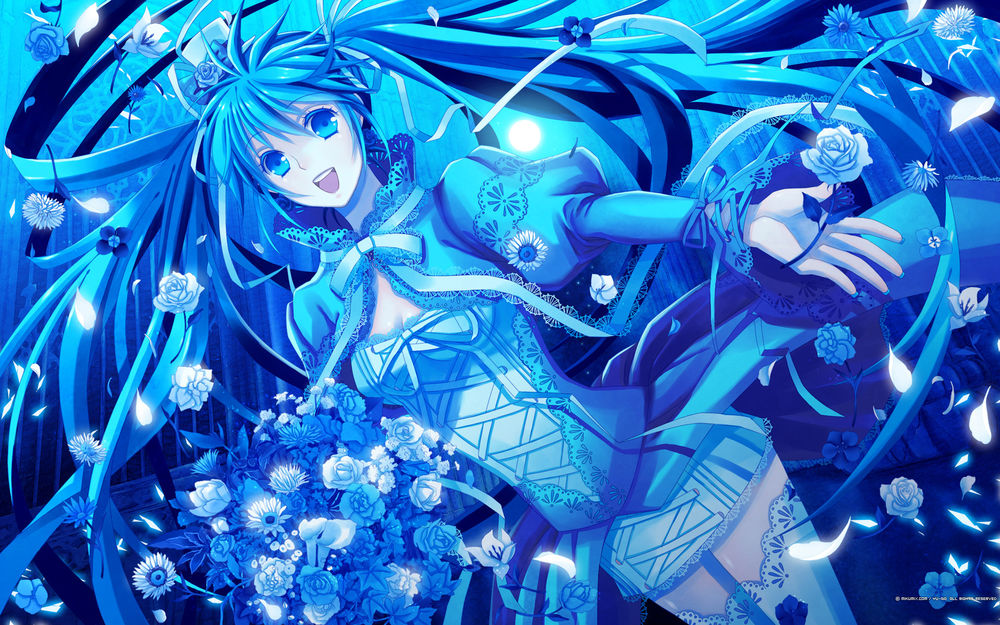 Обои для рабочего стола Vocaloid Hatsune Miku / Вокалоид Хатсунэ Мику с букетом голубых цветов