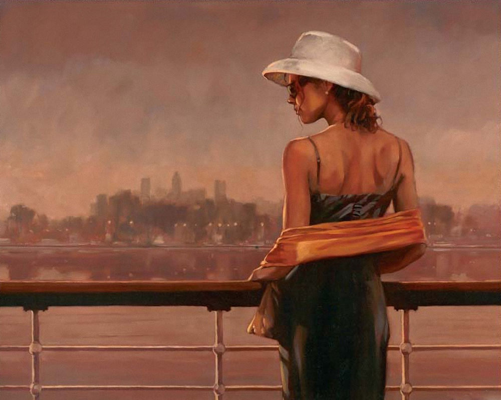 Обои для рабочего стола Девушка в белой шляпе стоит на набережной и смотрит на реку. Художник Mark Spain